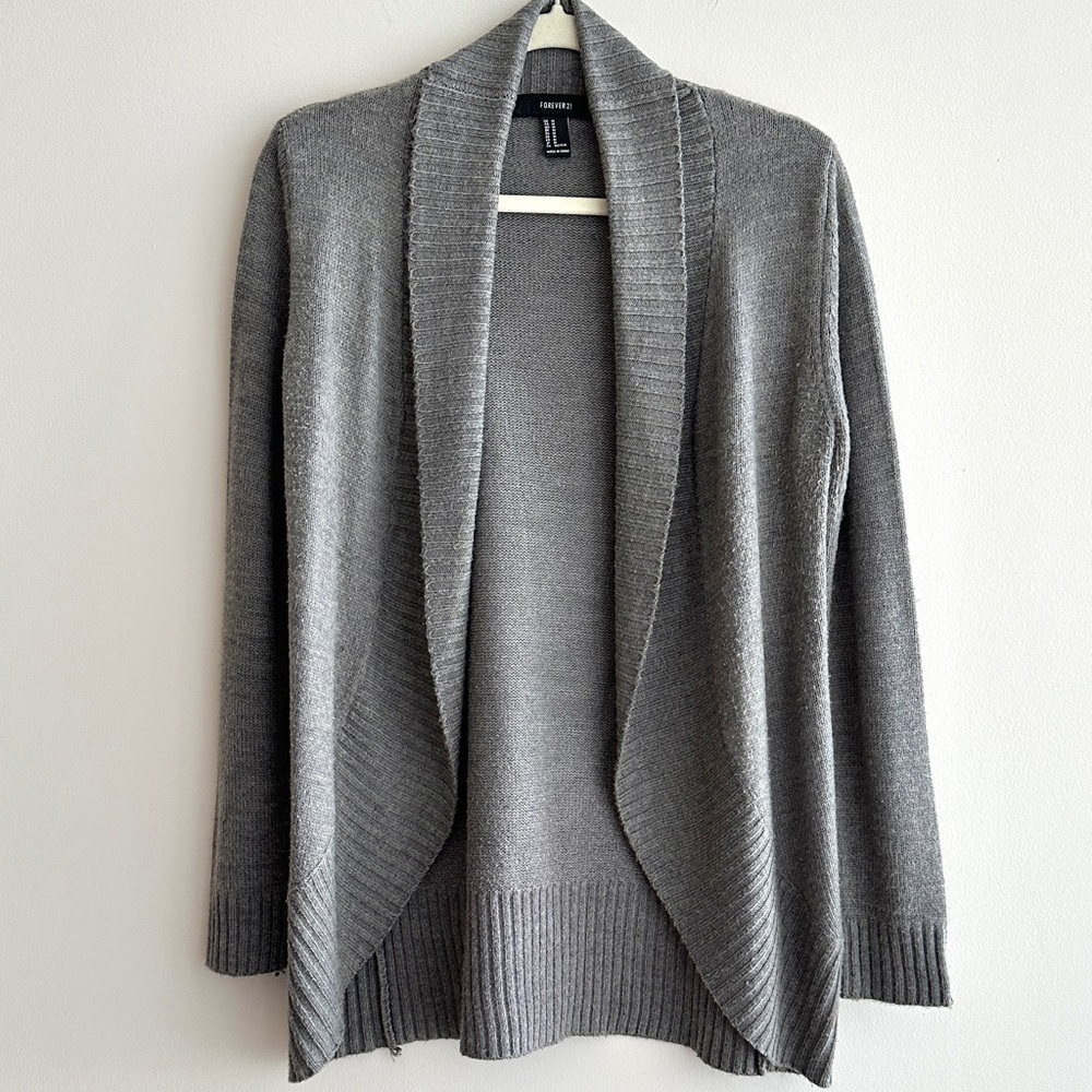 Forever 21 Grey Cozy Knit Cardigan, Open Front Comfy Sweater, Size Medium